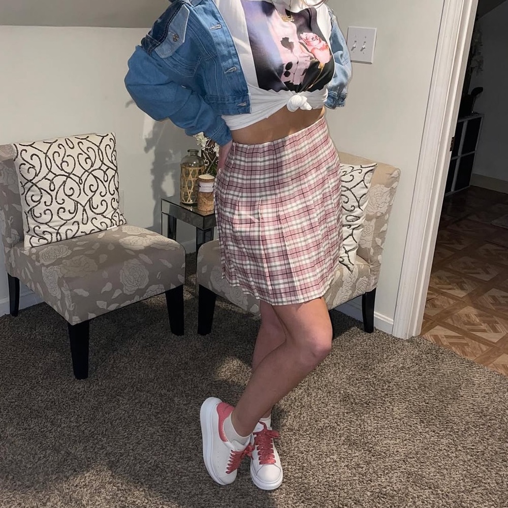Pink Plaid Pleated Skirt